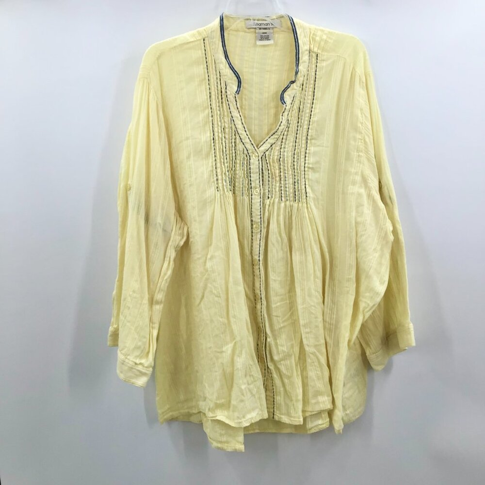 Gauzy Lemon Yellow Boho Top 32W Cotton Jacquard Embroidered Roll Tab Semi-Sheer - Picture 2 of 15